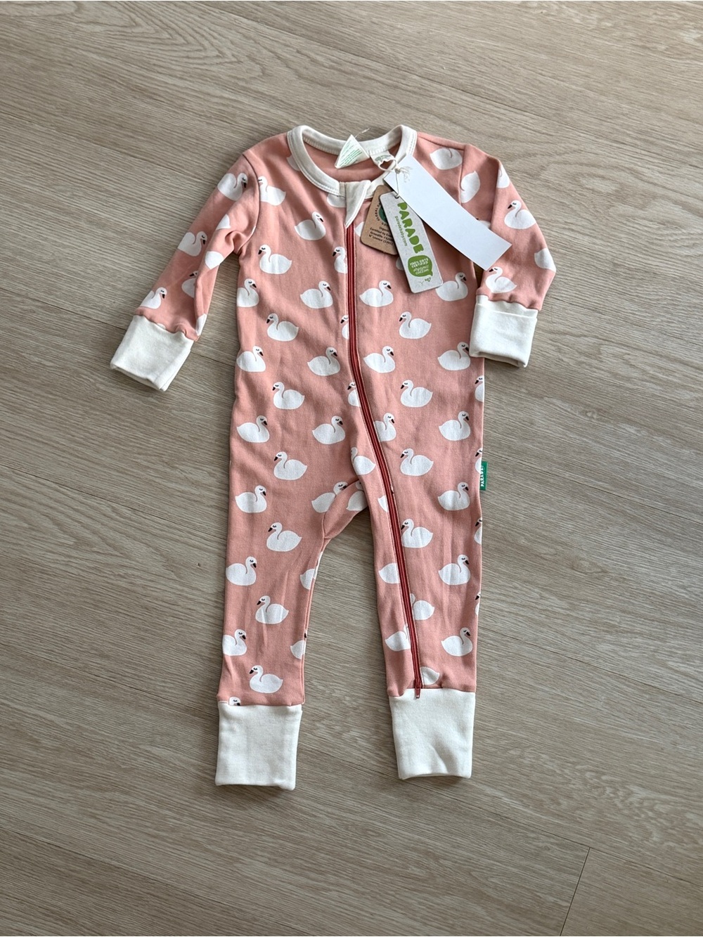 NWT PARADE Pink Swans Organic 6-12 Month 2-Way Zip Romper Long Sleeve Sleeper